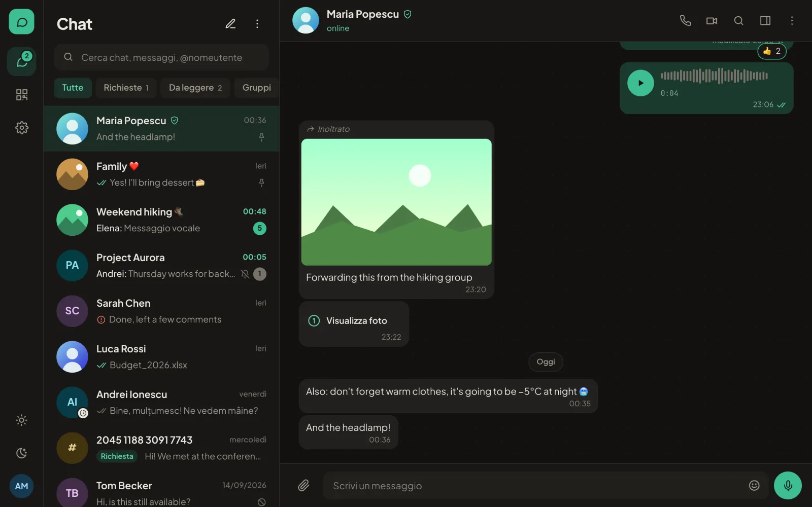 Dialog sul computer: l'elenco delle chat e una chat aperta